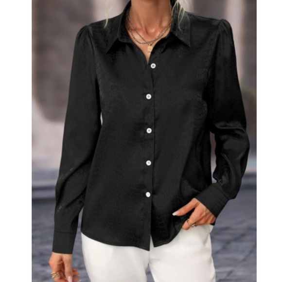 Luxe jacquard button down satin blouse - Picture 12 of 16